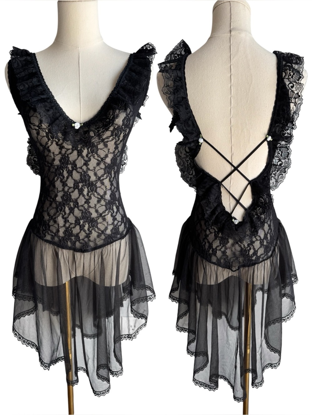 Vintage Whimsigoth Black Lace Lingerie Dress S/M Nightgown Open Back Witchy Goth